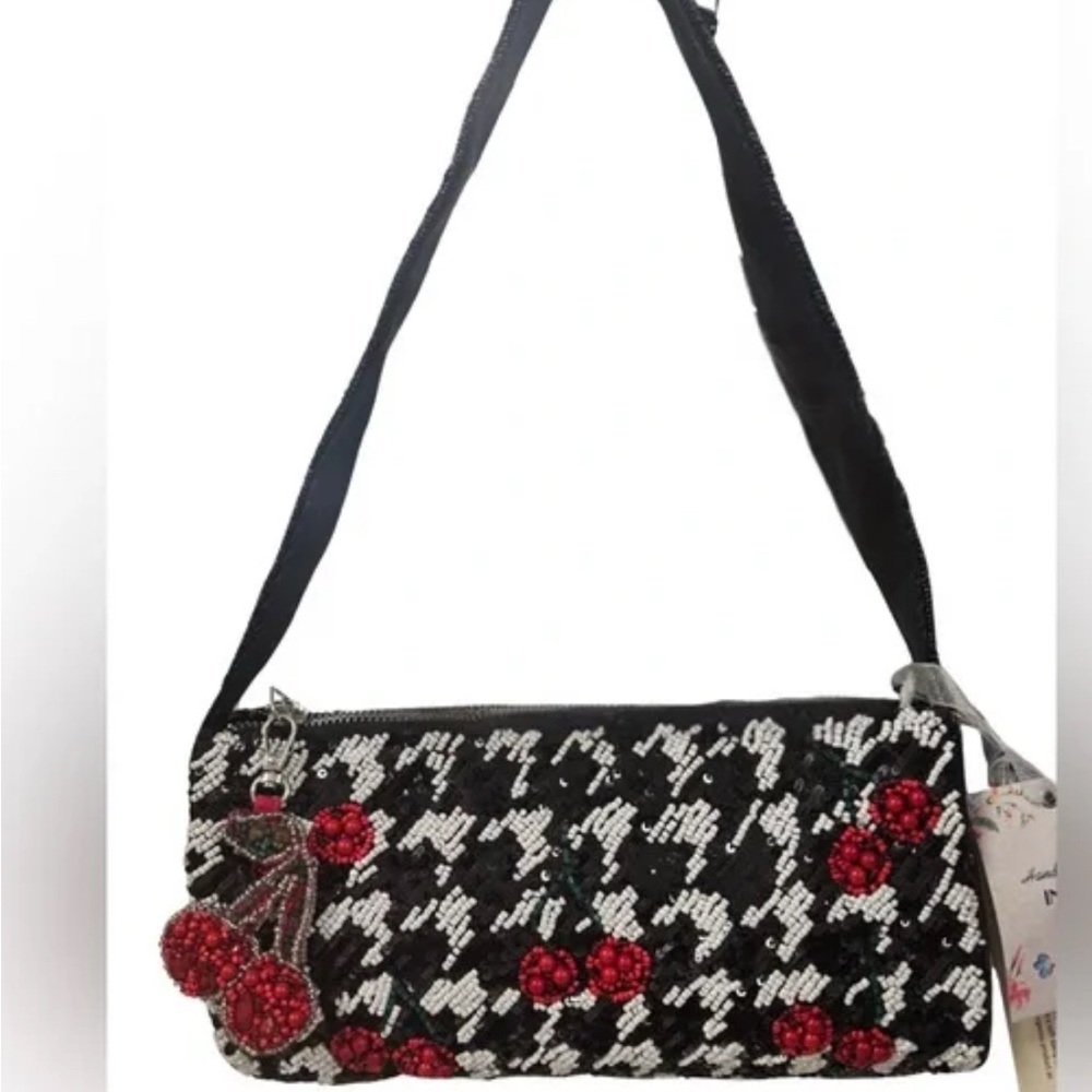 Black and White Beaded Women's Bag with Red Accents